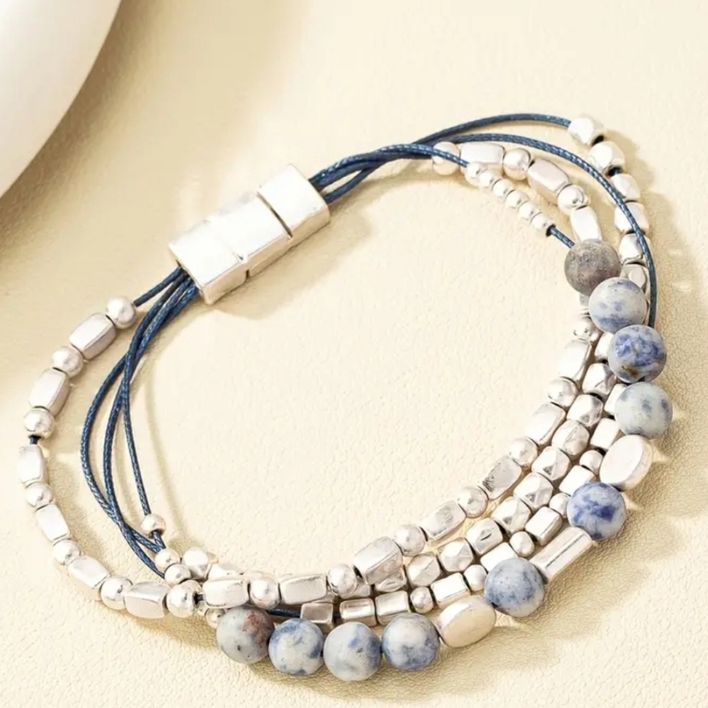 Multi Strand Silver Beaded Lapis Lazuli Stone Magnetic Closure Bracelet